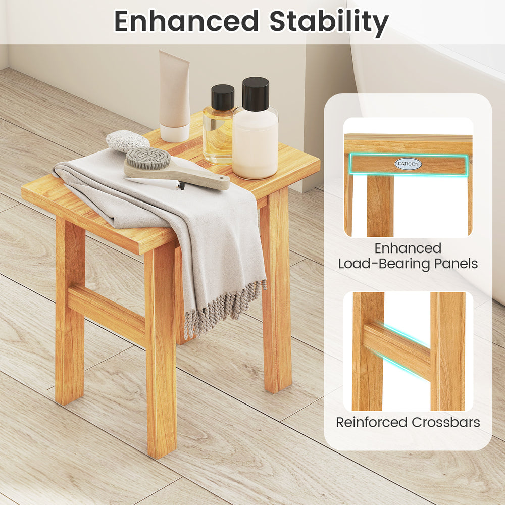 Teak shower bench with reinforced crossbars and enhanced load-bearing panels, ideal for shaving legs or as a side table.