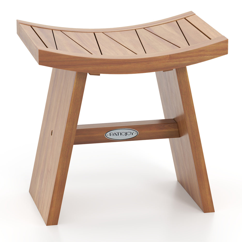 Curved seat teak wood shower bench with sturdy legs, ideal for bathroom use or as a versatile side table.