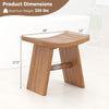 Teak wood shower bench with curved seat, 18-inch dimensions, sturdy design for bathroom or outdoor use.