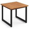 Square acacia wood patio side table with a slatted top and sturdy metal frame, perfect for holding snacks and drinks outdoors.