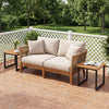Square acacia wood patio side table with slatted top, perfect for outdoor use in gardens, patios, or poolside areas.