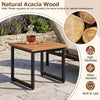 Square acacia wood patio side table featuring a slatted top and sturdy black metal frame, ideal for backyard or garden use.