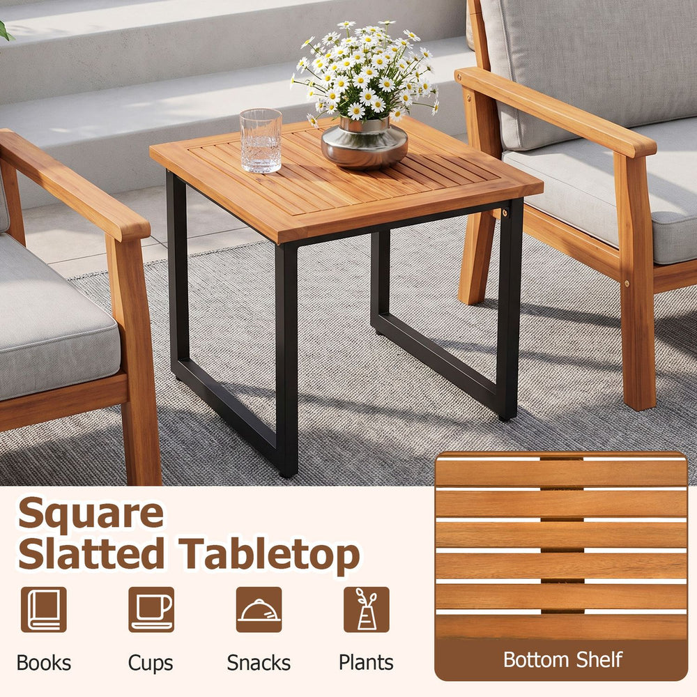 Square acacia wood patio side table with slatted top and powder-coated metal frame, ideal for outdoor or indoor use.