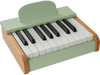 Wooden tabletop piano for kids with 18 keys in green, featuring a removable music stand for educational fun.
