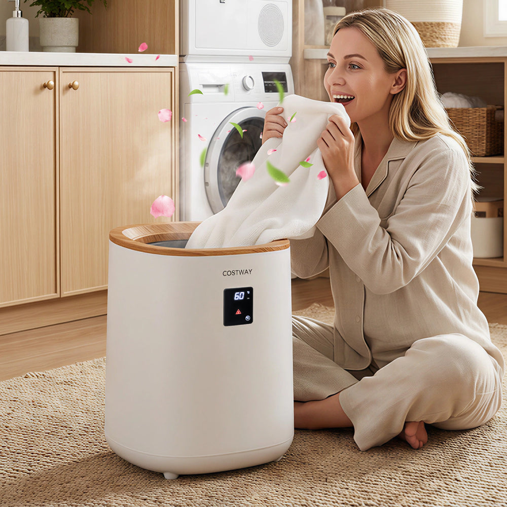 Large 18 L towel warmer with LED display, quickly heats towels for a spa-like experience in the bathroom.