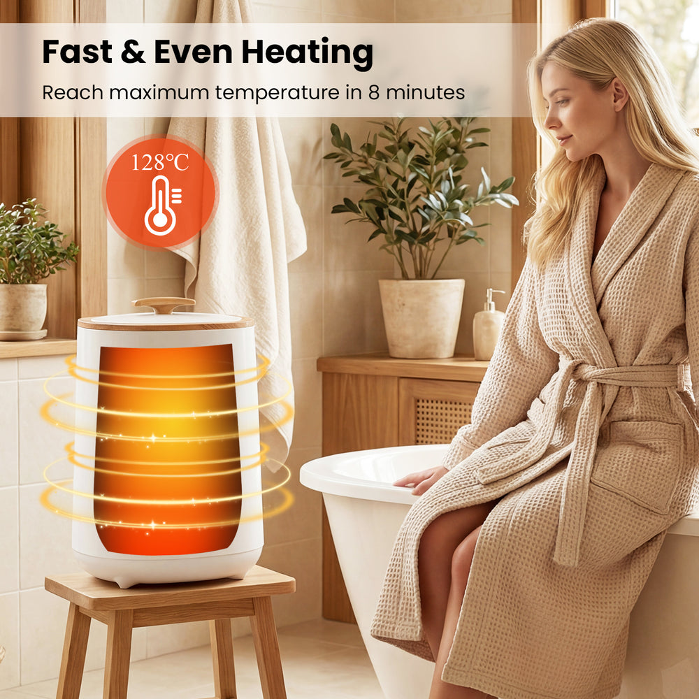 Large 18 L towel warmer with LED display, heats to 263°F in 8 minutes, ideal for bathroom relaxation and spa-like.
