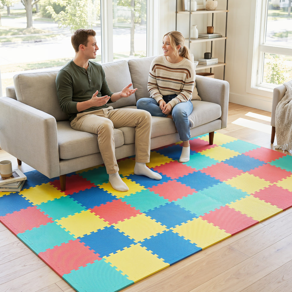 18 Pack Interlocking EVA Foam Floor Tiles with Boarders-Multicolor - Gallery View 1 of 10