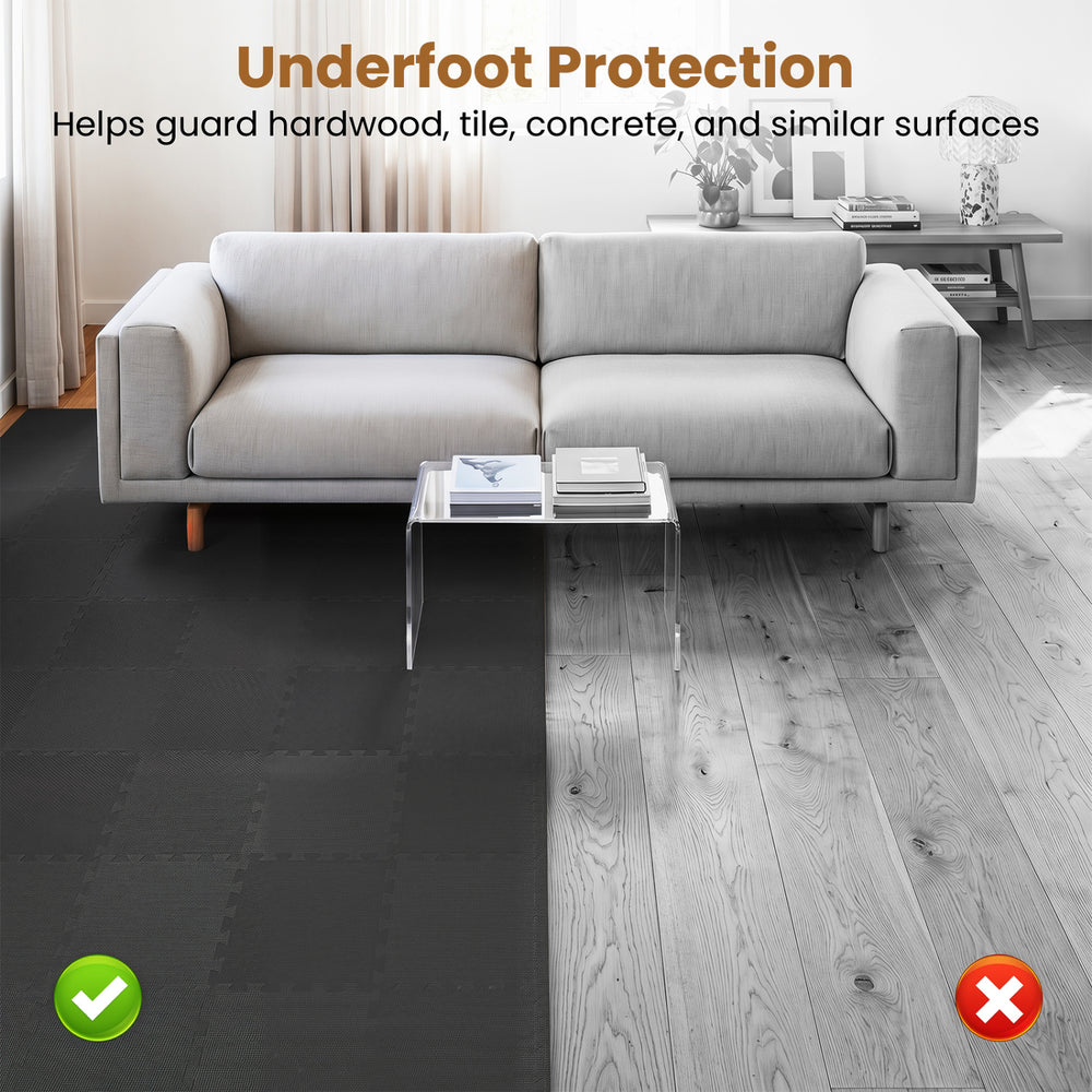 Interlocking EVA foam floor tiles in black provide underfoot protection and comfort for living rooms, gyms, and garages.