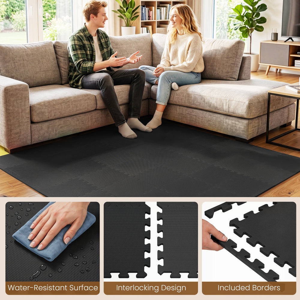 Interlocking black EVA foam floor tiles with borders provide comfort and protection for living rooms and home gyms.