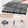 Interlocking gray deck tiles with a textured surface, easy to cut for custom fit in outdoor spaces.