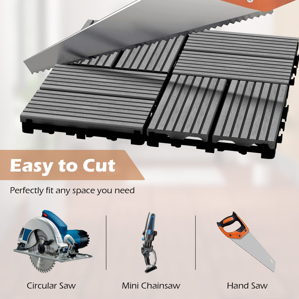 Interlocking gray deck tiles with a textured surface, easy to cut for custom fit in outdoor spaces.