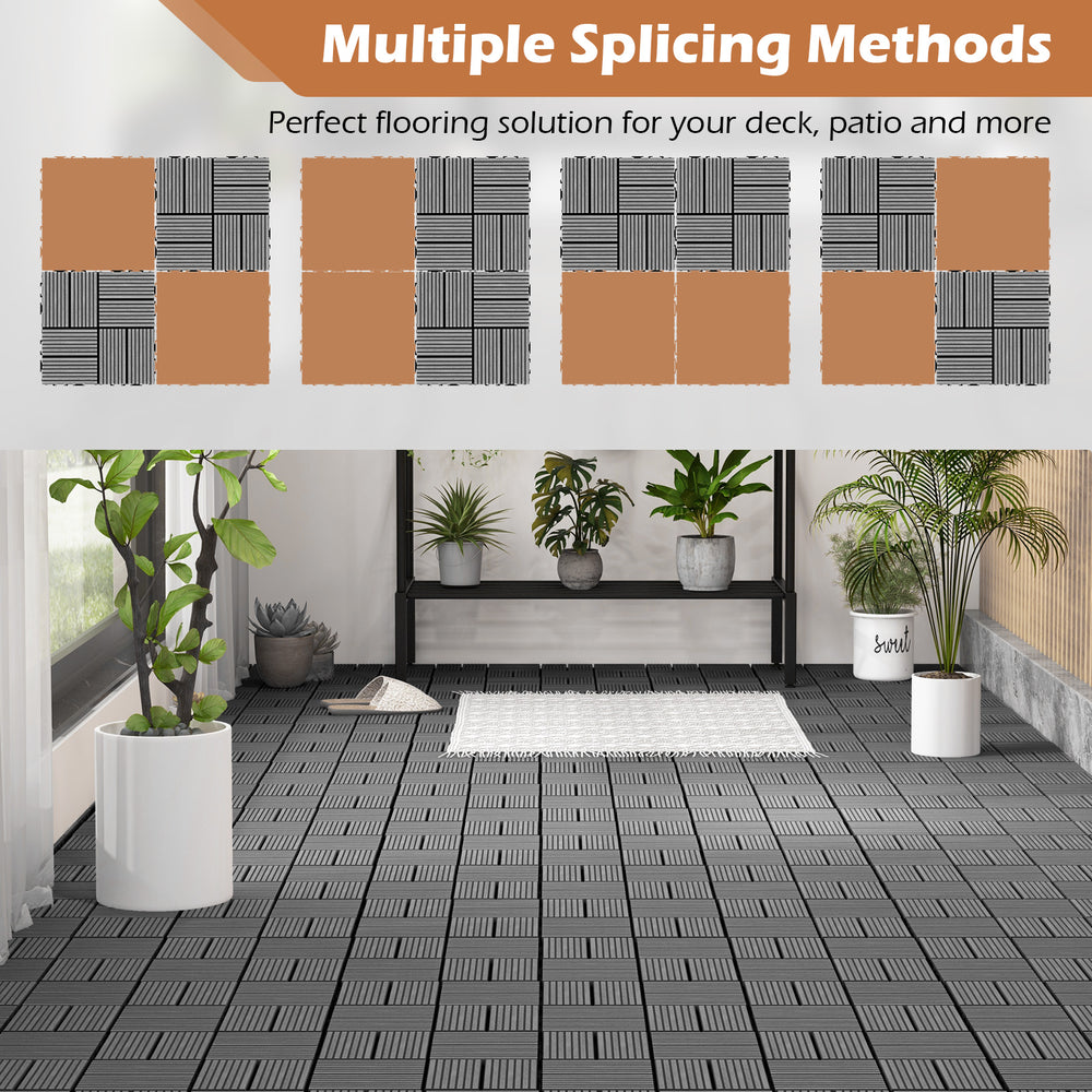 Gray interlocking deck tiles in a slatted design, perfect for outdoor patios and decks, showcasing multiple splicing.