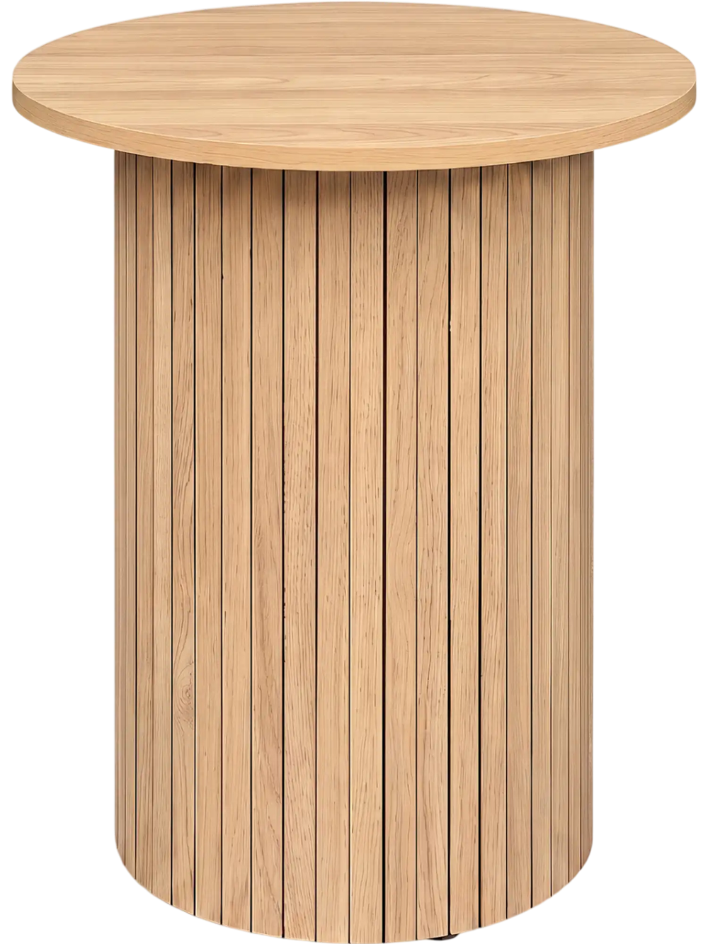 Round fluted side table in natural finish, 18" diameter, designed for stability with non-slip foot pads for small spaces.
