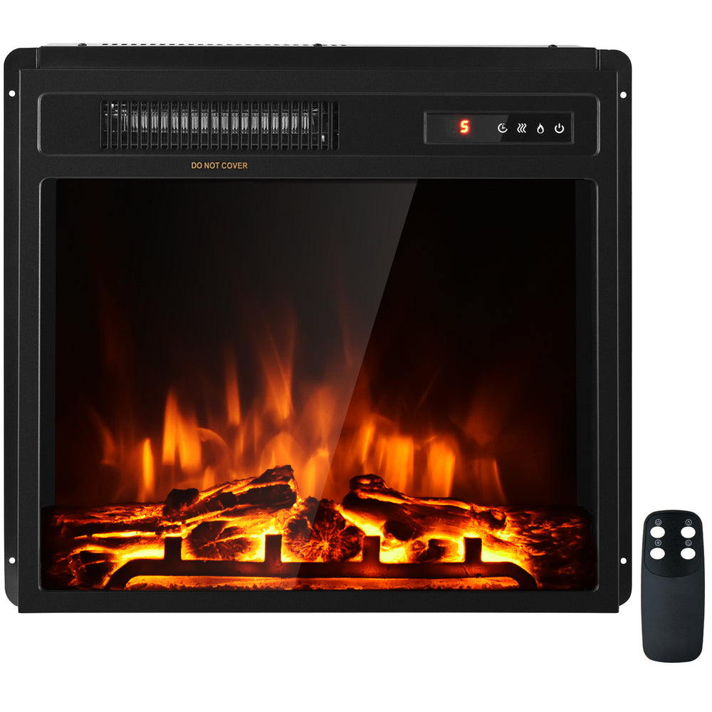 18-inch electric fireplace with tempered glass, remote control, and 5 flame colors for cozy heating up to 400 sq ft.