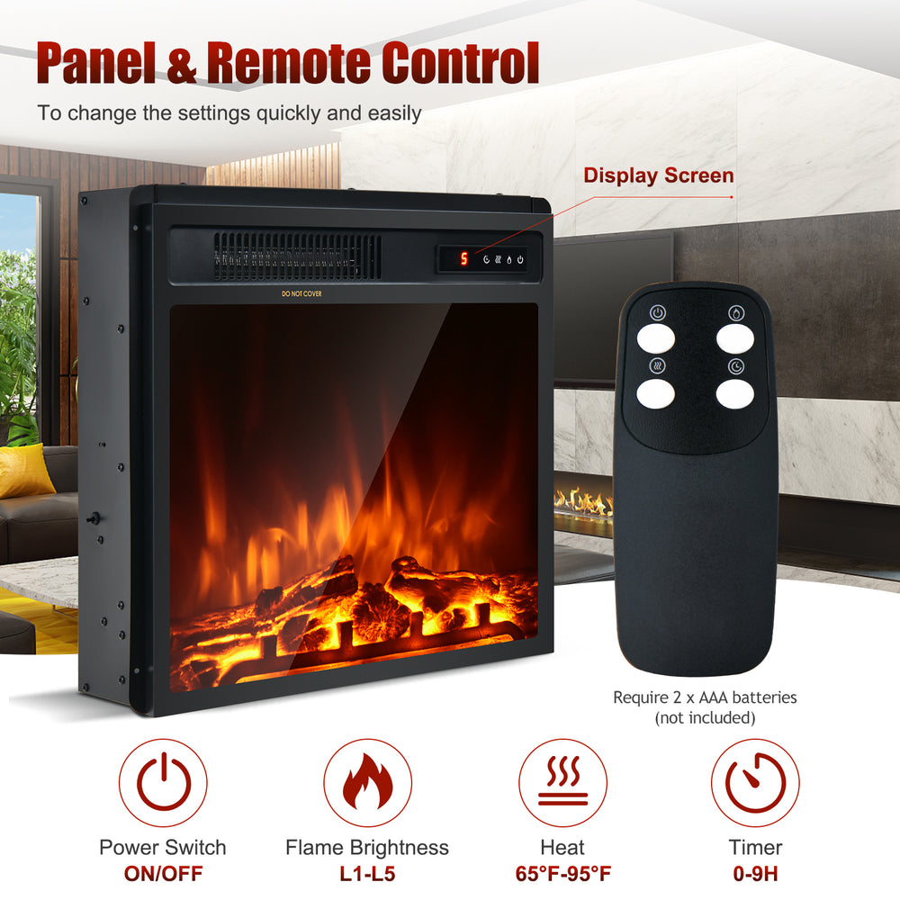 Freestanding 18 Inch electric fireplace with remote control, 1500W heat setting, and 5 flame colors for cozy warmth.