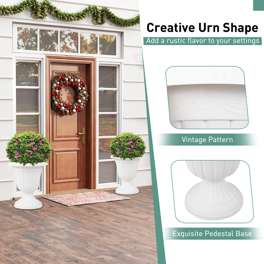 White 18-inch tall vintage planters set of 2 with pedestal base, perfect for indoor and outdoor settings.