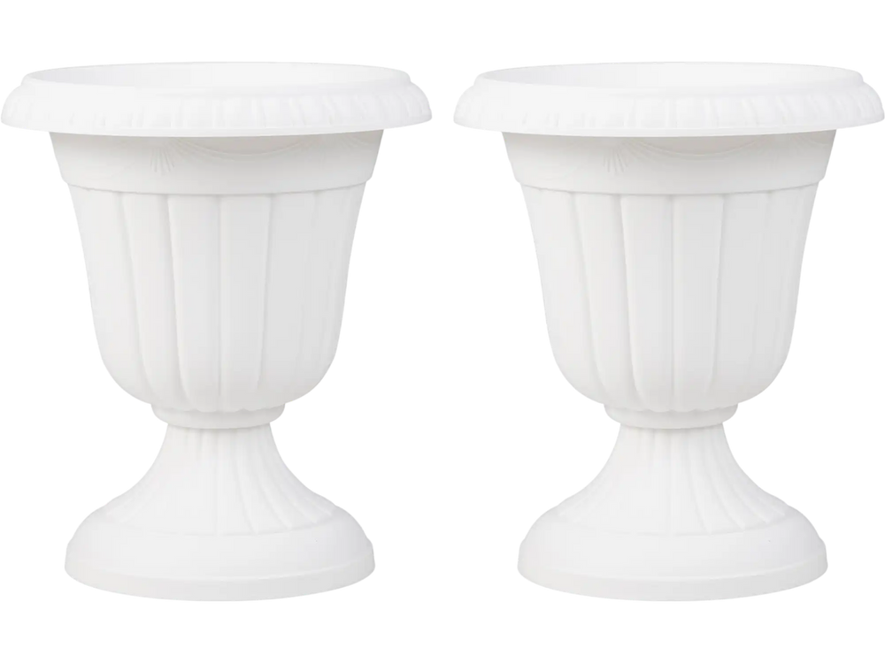 Set of 2 vintage 18-inch tall white planters with pedestal base, perfect for indoor and outdoor plant display.
