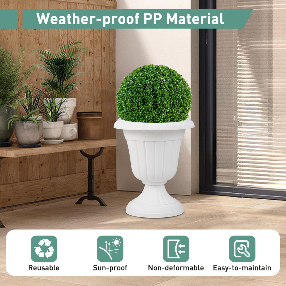 Vintage 18-inch tall white planter with pedestal base, made of weather-proof PP material, ideal for indoor and outdoor.