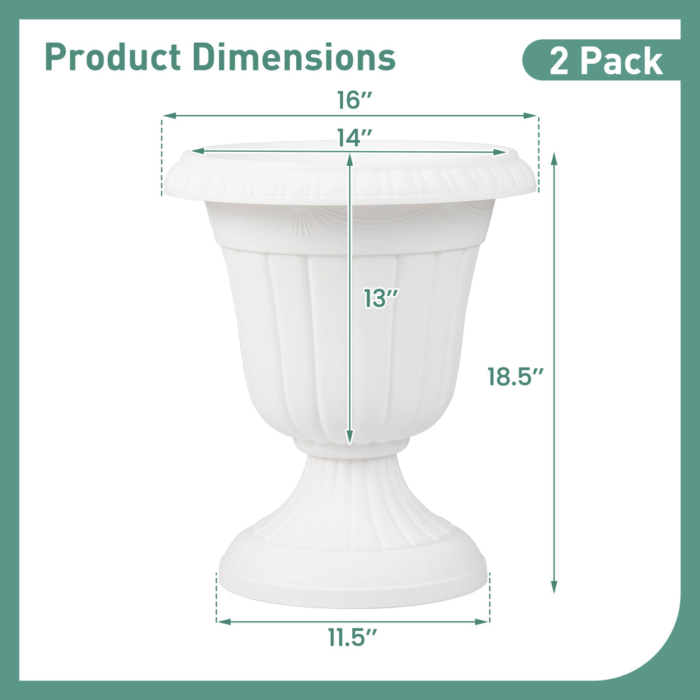 Vintage 18-inch tall white planters set of 2 with pedestal base and drainage hole, perfect for indoor and outdoor use.