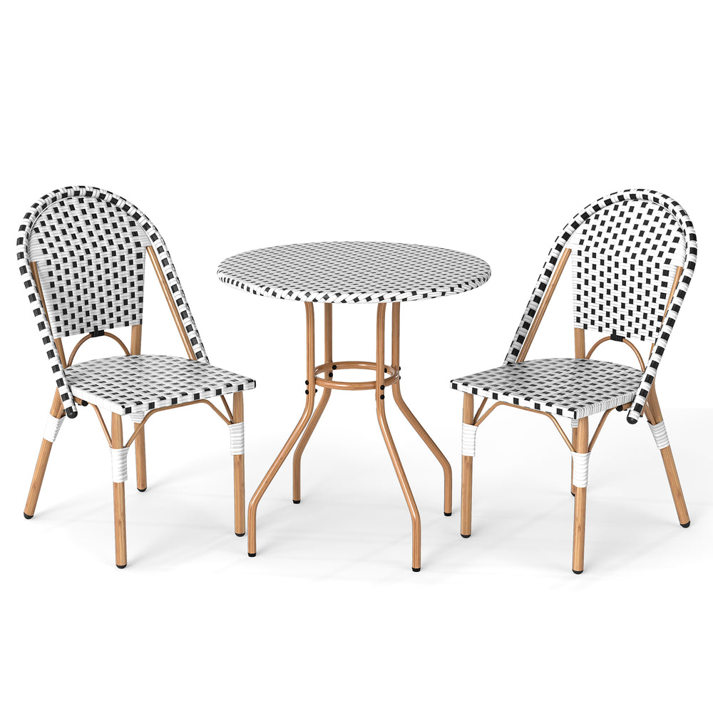 3-piece French bistro set featuring a round wicker table and two chairs, perfect for outdoor dining and leisure.