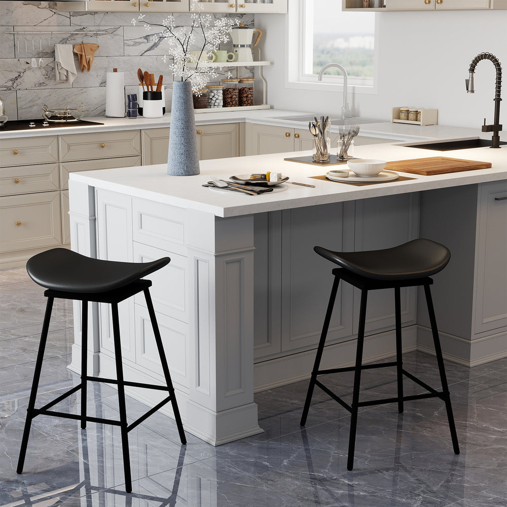 Set of 2 black swivel barstools with faux leather upholstery and footrest, ideal for kitchen islands or home bars.
