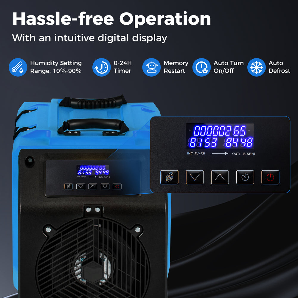 Digital display of the 190 PPD commercial dehumidifier with pump, showcasing humidity settings and timer functions.
