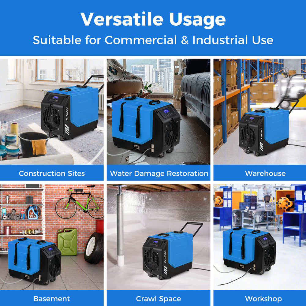 190 PPD commercial dehumidifier with pump and wheels, ideal for large areas and easy mobility in industrial settings.