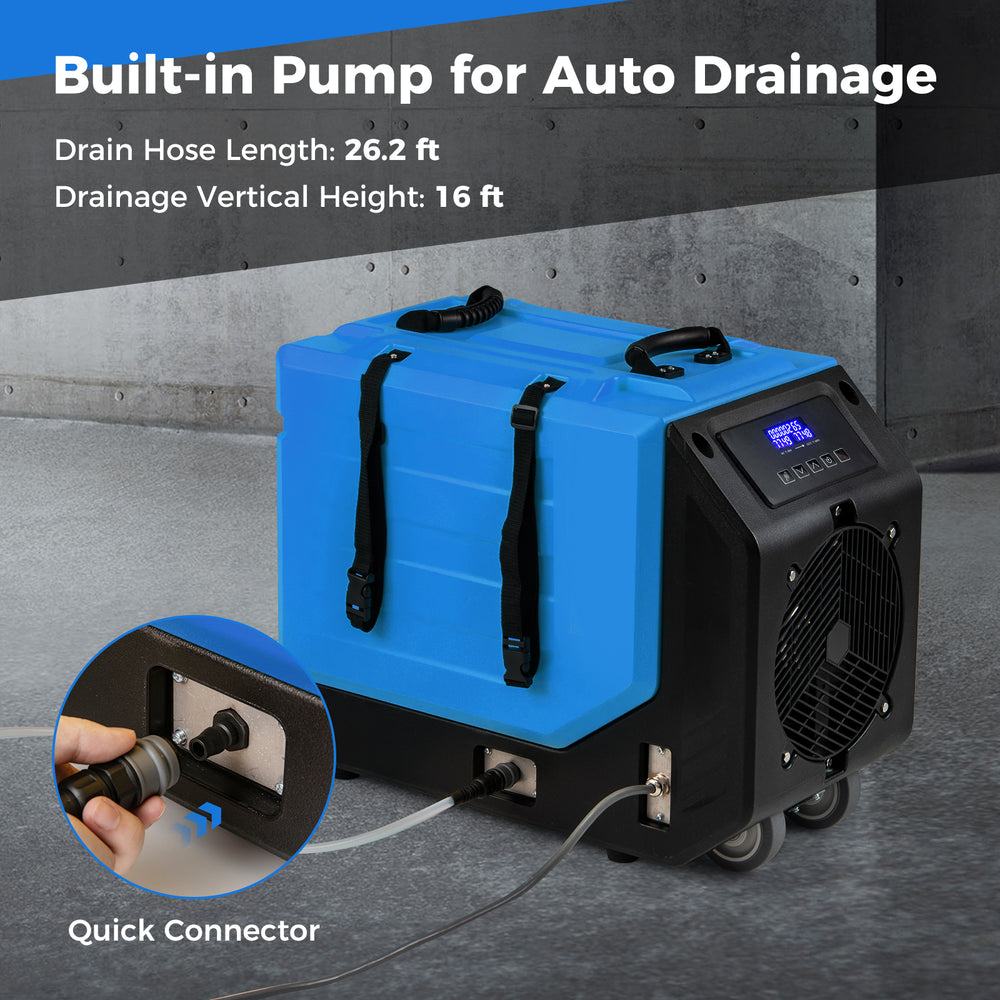 Commercial dehumidifier with built-in pump, 190 PPD capacity, 2 wheels, and auto drainage for large areas up to 9,000.