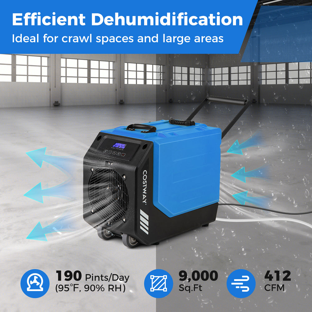 Commercial dehumidifier in blue with wheels, 190 PPD capacity, ideal for large areas up to 9,000 sq. ft.