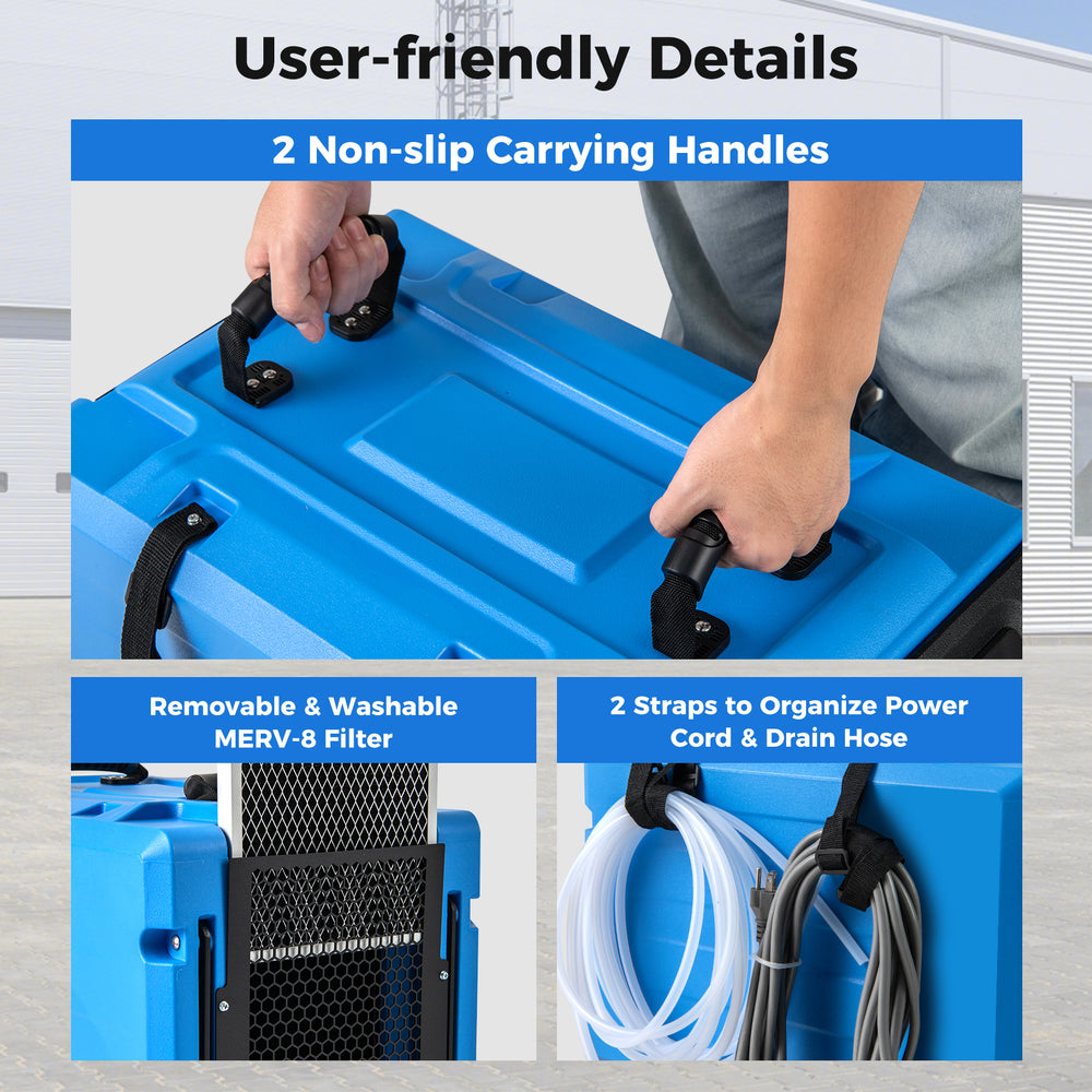 Close-up of the 190 PPD commercial dehumidifier's non-slip carrying handles and organized power cord with drain hose.