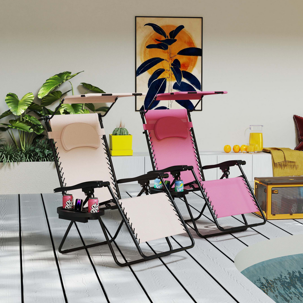 Three adjustable lounge chairs in pink and beige with umbrellas, part of a 7-piece outdoor relaxation bundle for patio.