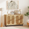 Natural wood buffet sideboard cabinet with 4 rattan doors and adjustable shelves, enhancing any kitchen or dining area.
