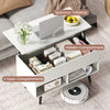 Lift-top coffee table with hidden storage, two open shelves, and spacious white tabletop for versatile use in any room.
