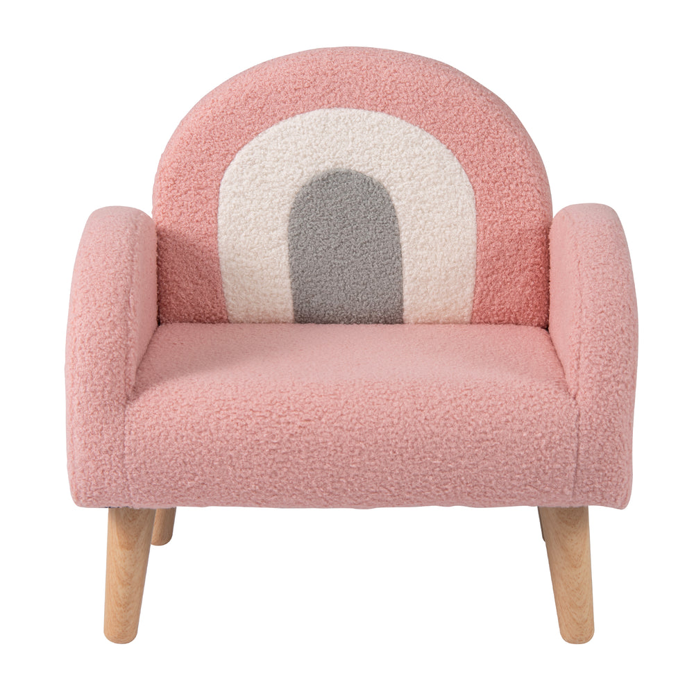Kids armchair in pink teddy fleece, featuring soft curves and sturdy wood-like legs, ideal for playful and cozy spaces.