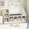 Kids bookcase with reading nook and toy organizer in white, featuring adjustable shelves and removable cushion for.
