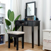 Vanity dressing table set in black with large square mirror and comfortable stool, perfect for makeup and organization.