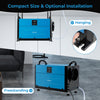 Crawl space dehumidifier in blue with adjustable feet, showing hanging and freestanding installation options.