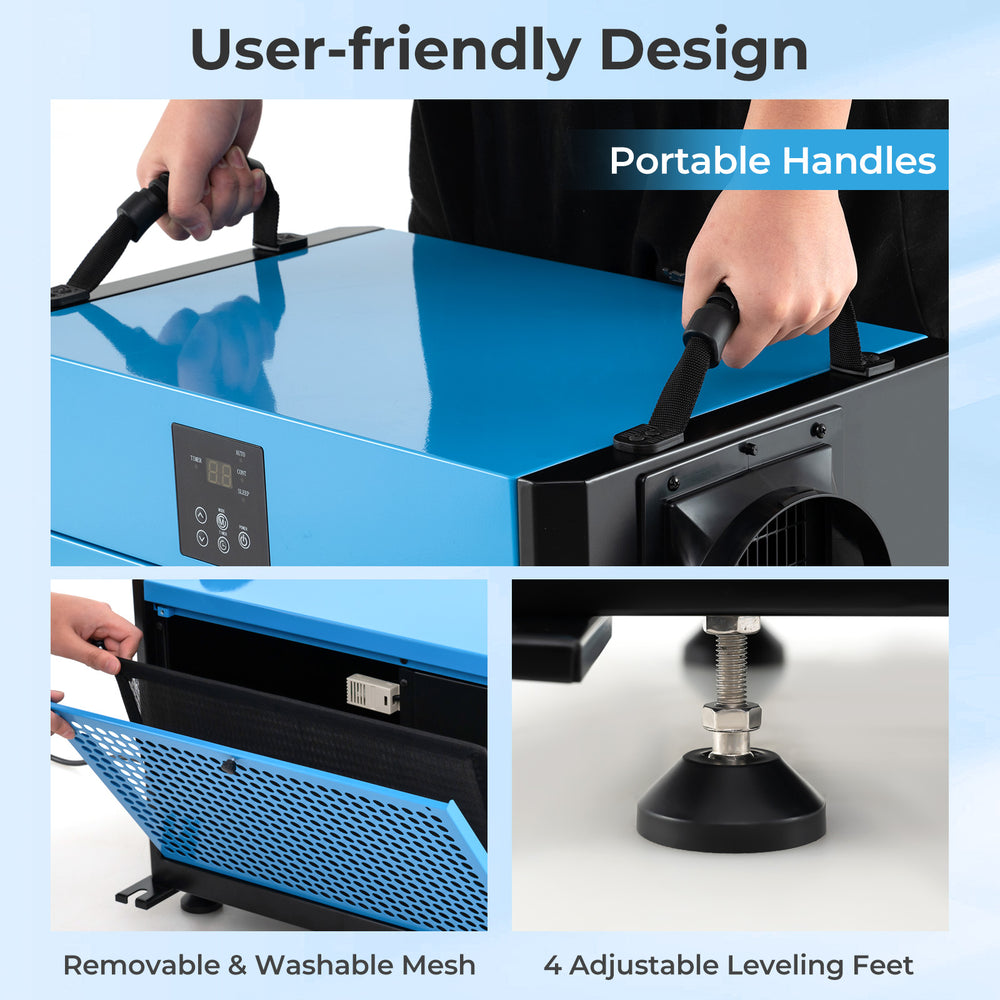User-friendly blue 192 pint dehumidifier with portable handles, adjustable feet, and removable washable mesh for easy.