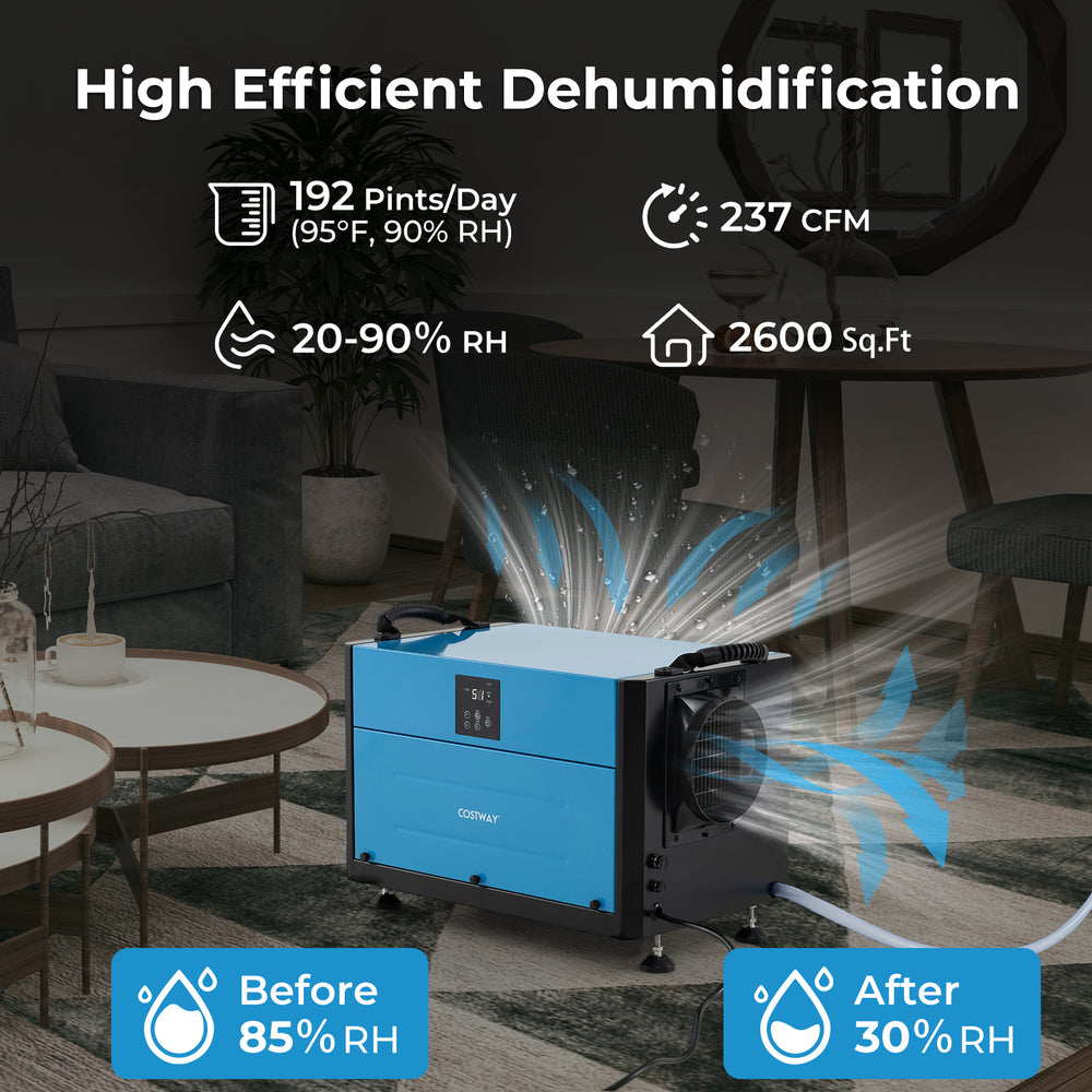 192 pint crawl space dehumidifier in blue, featuring 3 modes and a 24-hour timer for efficient humidity control.