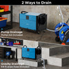 Crawl space dehumidifier with pump and gravity drainage options, ideal for basements and garages, featuring a blue.