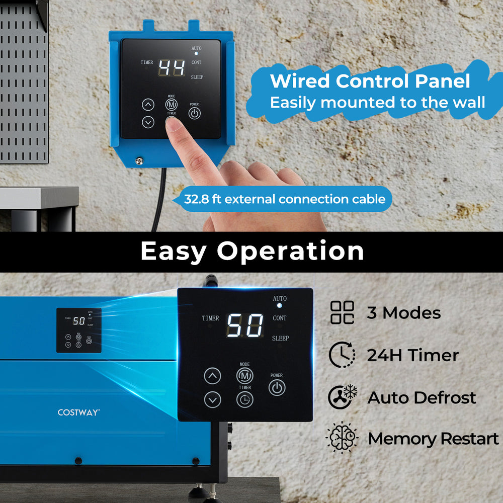Wired control panel for the 192 Pint Crawl Space Dehumidifier with 3 modes and 24H timer, ideal for flexible placement.