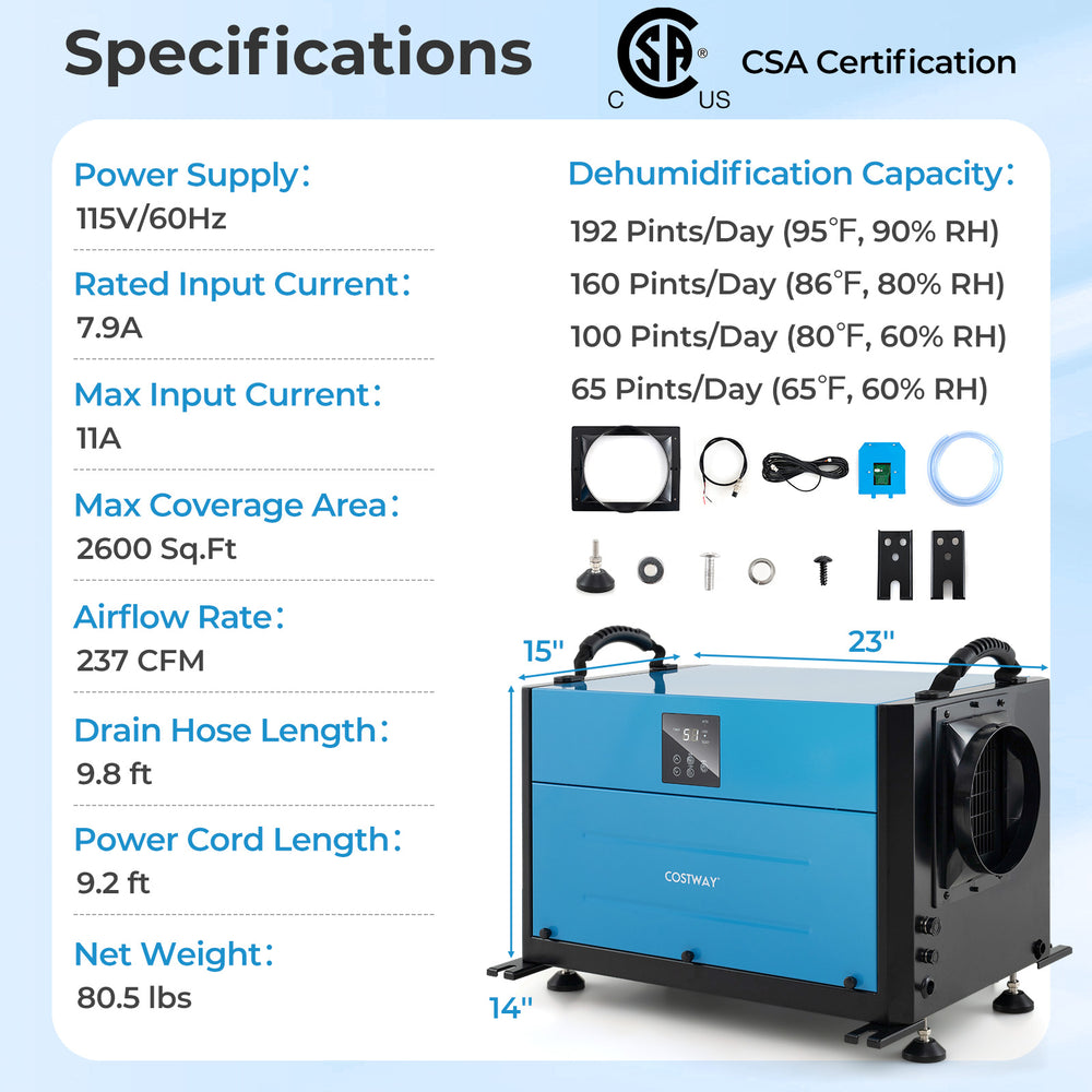 192 pint crawl space dehumidifier in blue with adjustable feet, 24h timer, and dual drainage options for versatile use.
