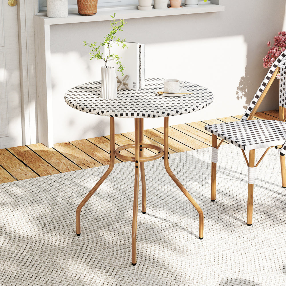 Round outdoor bistro table with a heavy-duty metal frame and adjustable foot pads, perfect for patio or garden use.