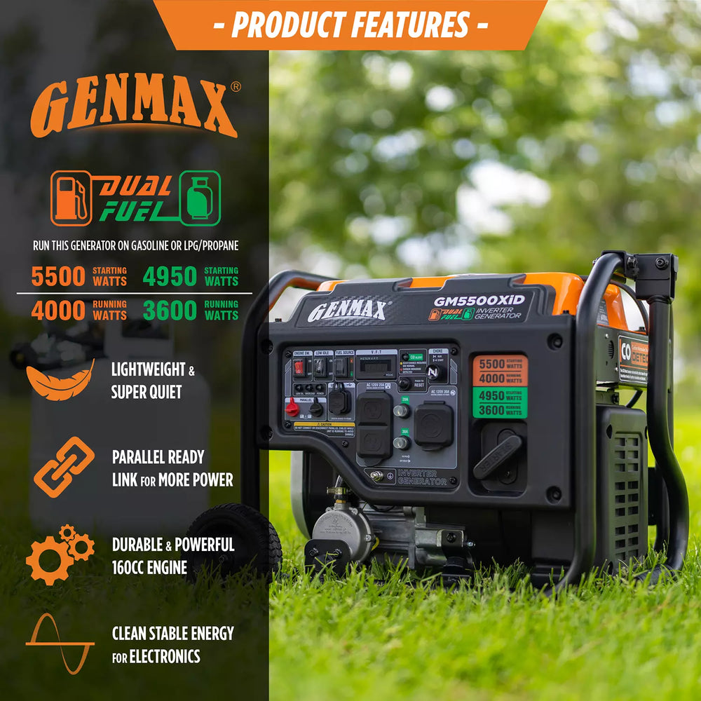 Genmax GM5500XiD Generator 4000W/5500W Dual Fuel Gas Propane Inverter Low THD CO Sensor New