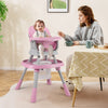 Baby high chair in pink with adjustable height, activity center, and 5-point harness for safe feeding and playtime.