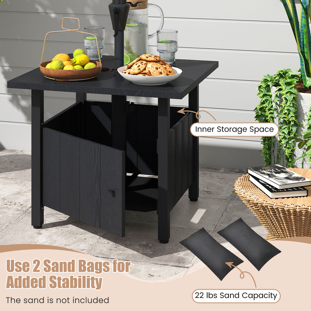 Outdoor side table with 1.89" umbrella hole, black wood-like surface, and inner storage for patio convenience.
