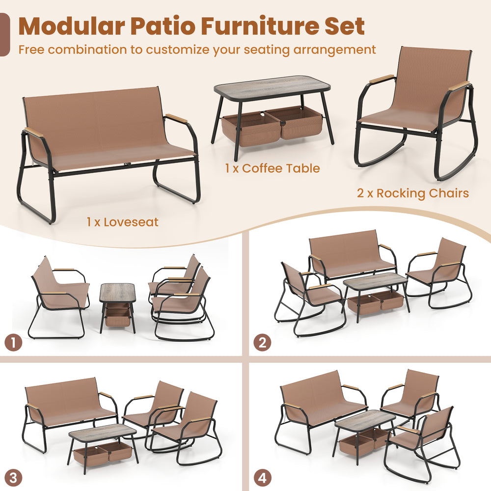 Modular patio furniture set featuring a loveseat, two rocking chairs, and a coffee table with breathable mesh fabric.