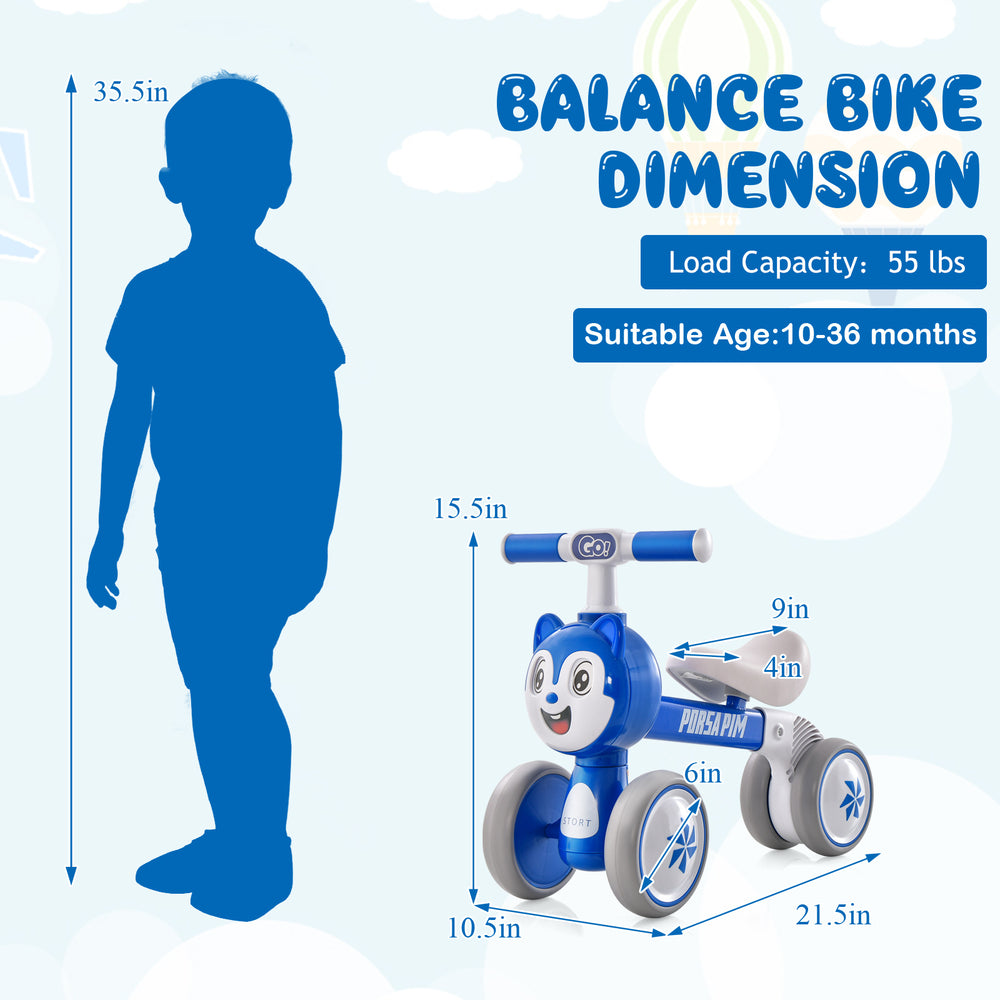 Balance bike dimensions with a carbon steel frame, suitable for infants 10-36 months, load capacity 55 lbs.