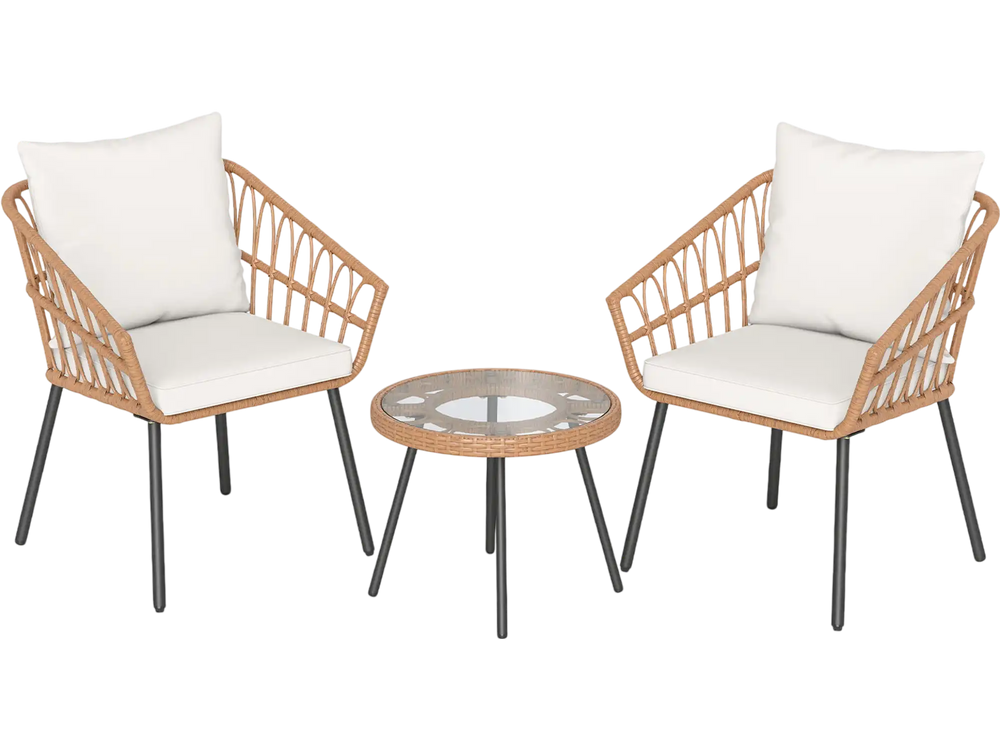Two beige patio chairs with cushions and a glass-top table, featuring durable PE rattan and a heavy-duty metal frame.