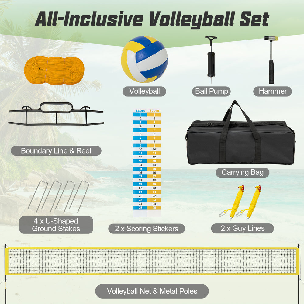 Portable outdoor volleyball net set in yellow with adjustable poles and carrying bag, perfect for outdoor games.